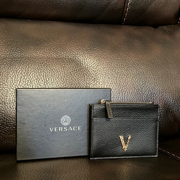 Versace Virtus grained leather logo monogram zip up card holder wallet NWB - Picture 2 of 6
